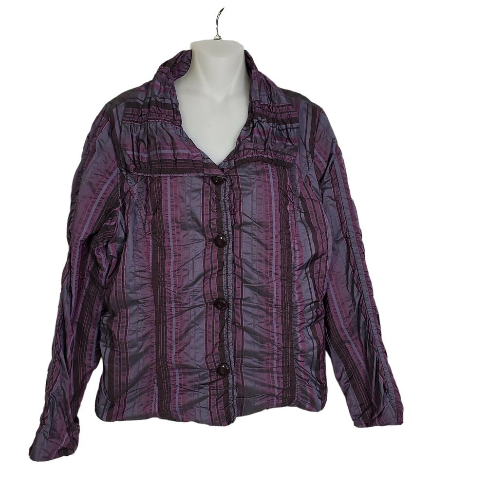 Christopher Banks Womens Jacket Large Purple Striped Ruched Blazer Button Front
